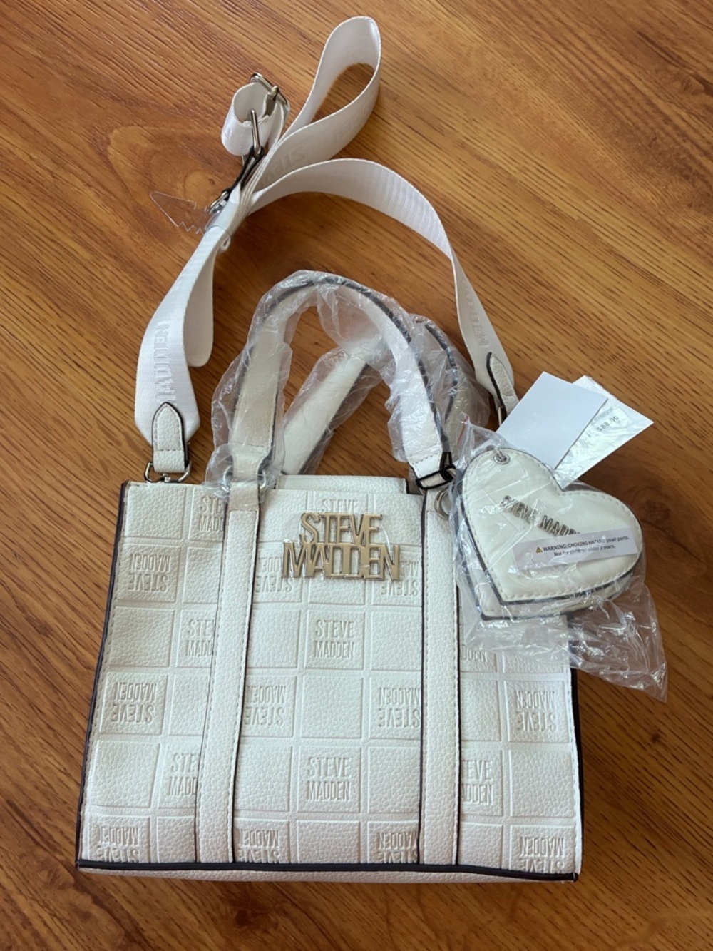 Steve Madden Blivonia White Embossed Mini Satchel with Heart Charm Mirror